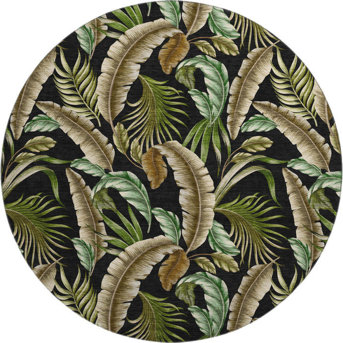 8' Geometric Washable Round Rug With UV Protection - Midnight And Brown