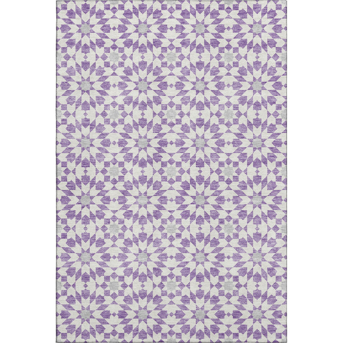 10' X 14' Geometric Washable Area Rug With UV Protection - Lavender And Ivory