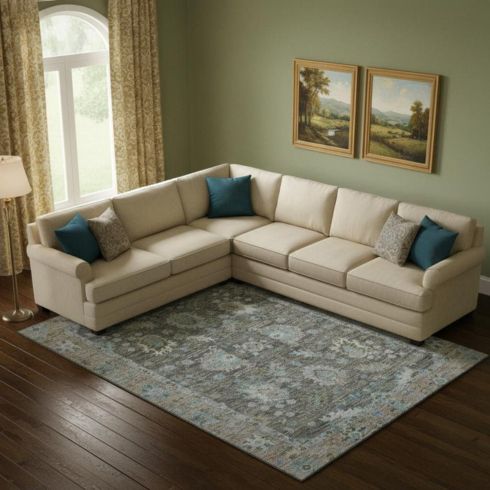 10' X 14' Oriental Washable Area Rug With UV Protection (717965) - Fern Green / Denim Blue