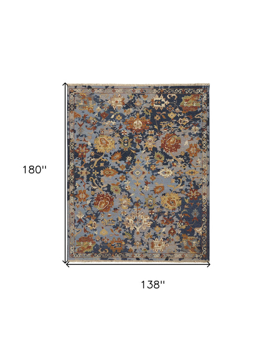 12' x 15' Wool Floral Hand Knotted Area Rug With Fringe - Blue Gray And Red