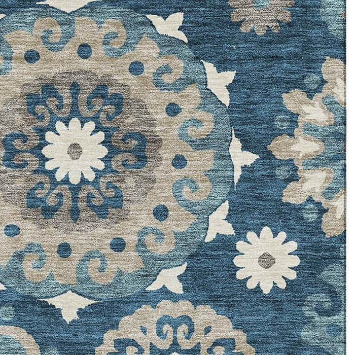 10' X 14' Medallion Washable Area Rug With UV Protection - Blue And Beige
