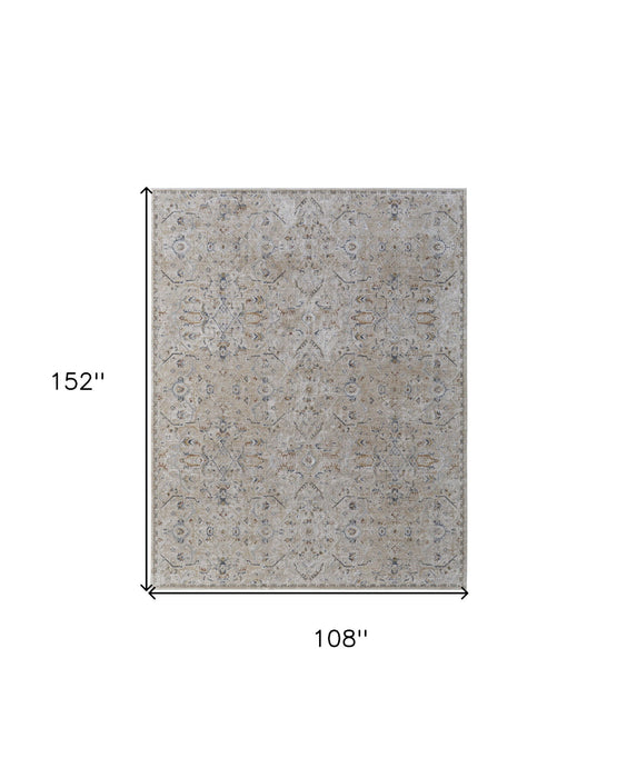 9' x 13' Abstract Power Loom Worn Faded Area Rug With Fringe - Ivory Taupe And Blue