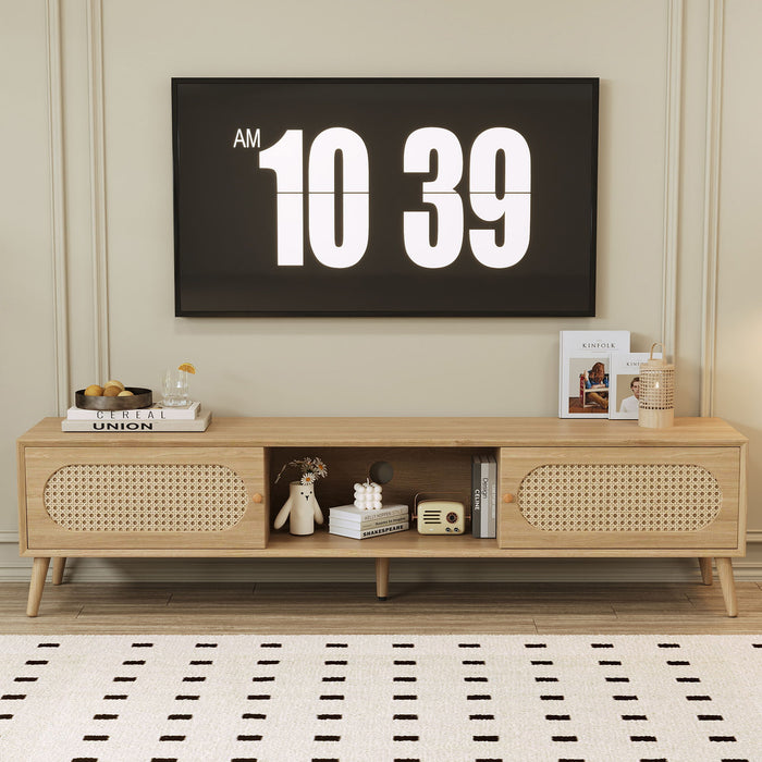 Giga natural TV stand for TVs up to 80 inches, media console with cabinet and open shelving for modern home entertainment.