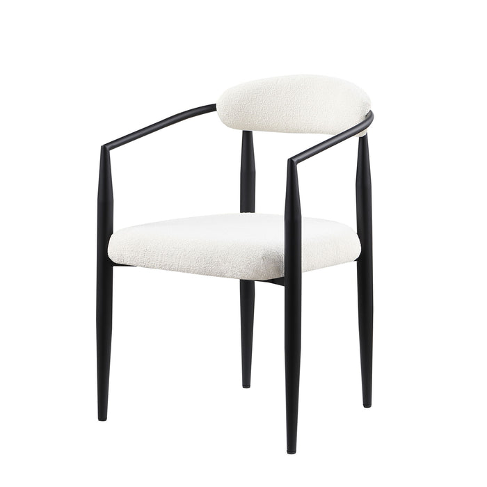 Set of 2 Giga mid-century modern dining chairs with boucle backrests, sherpa upholstery, and metal legs for kitchen or dining room.
