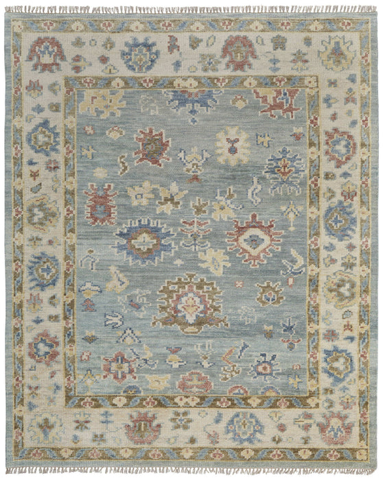 10' x 14' Wool Floral Hand Knotted Area Rug With Fringe - Blue Ivory And Yellow