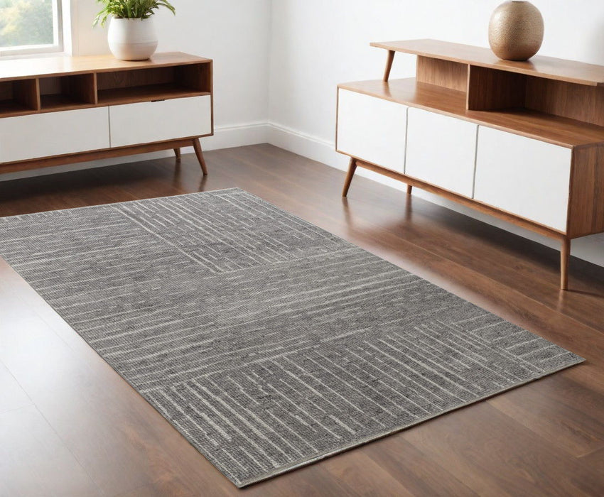 4' x 6' Wool Checkered Hand Knotted Worn Faded Area Rug - Gray And Ivory