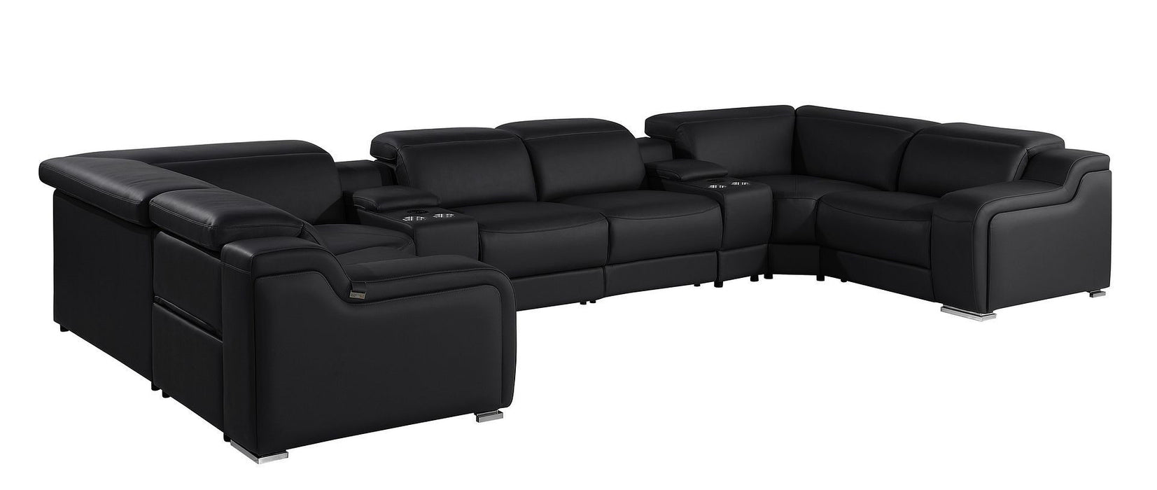 Italian Leather Power Reclining U-Shaped Eight Piece Corner Sectional With Console - Black