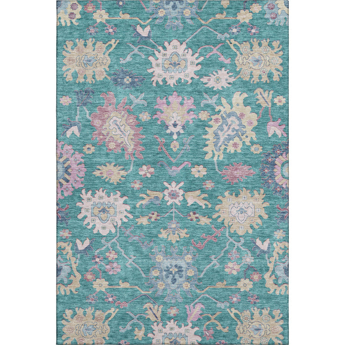10' X 14' Floral Washable Area Rug With UV Protection (686987) - Teal / Beige / Pink