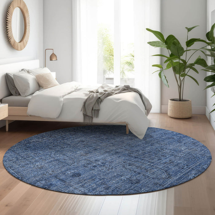 8' Southwestern Washable Round Rug With UV Protection - Navy Blue / Gray