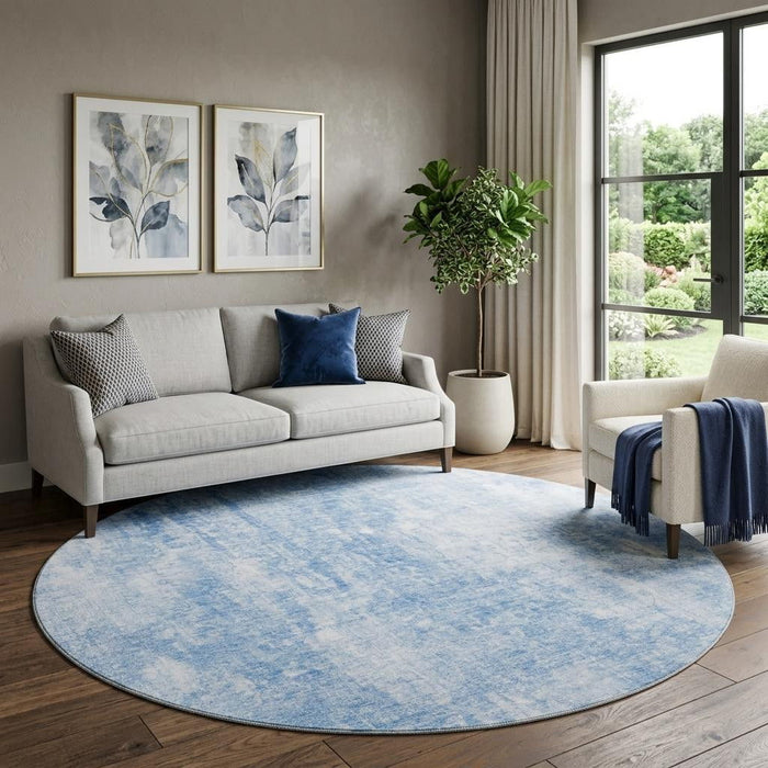 8' Abstract Washable Round Rug With UV Protection (654787) - Blue / Ivory