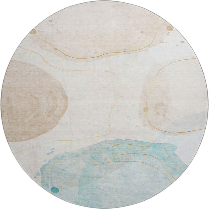 8' Abstract Washable Round Rug With UV Protection (648457) - Beige / Ivory / Teal