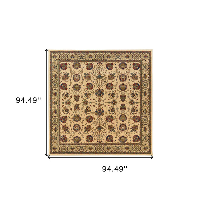 8' Traditional Oriental Polypropylene Square Rug - Ivory And Red