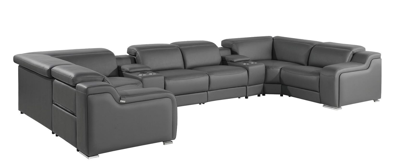Italian Leather Power Reclining U-Shaped 8 Piece Corner Sectional With Console - Dark Gray