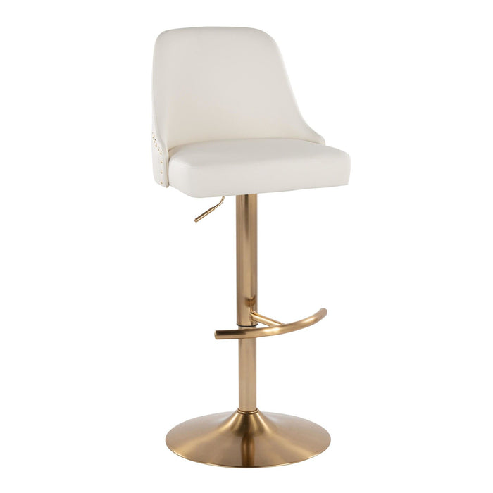Marcel - Adjustable Barstool With Rounded T Footrest (Set of 2) - Gold Metal And White Faux Leather With Gold Nailhead Trim