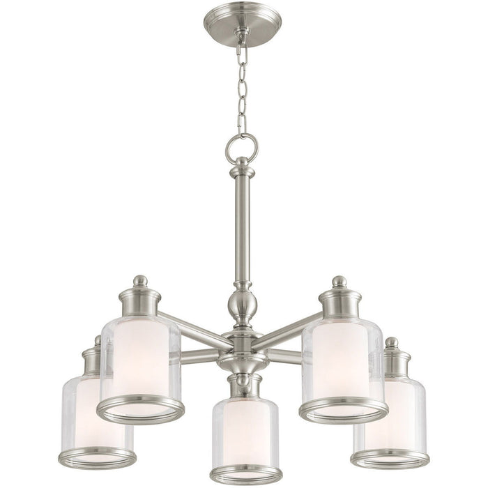 Five Light Metal Dimmable Chandelier With Shades - Nickel / Clear / Opal