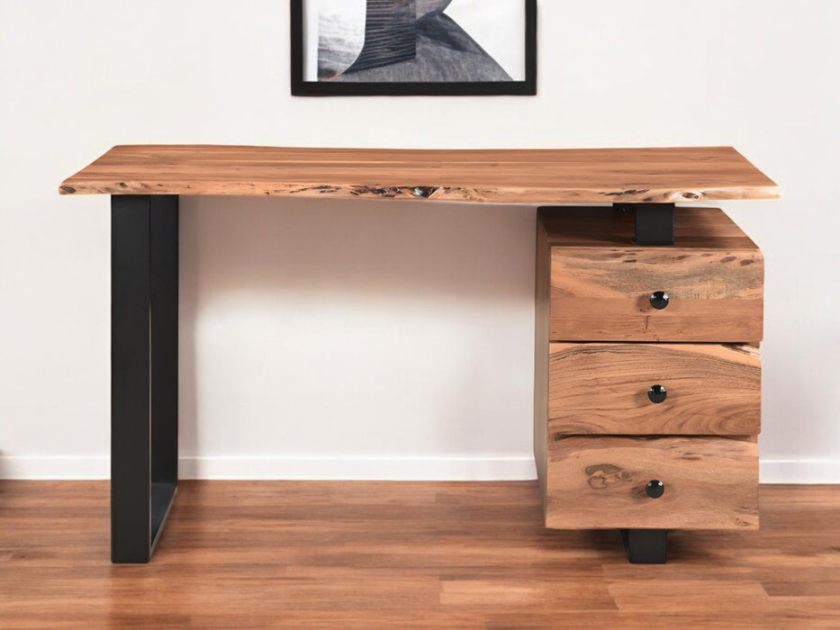 54" Live Edge Solid Wood Writing Desk With Three Drawers - Black And Brown
