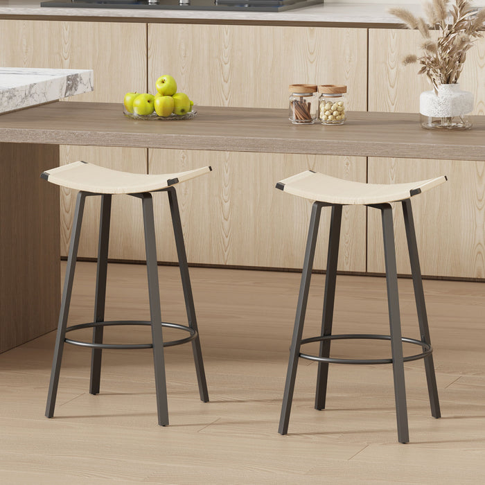 Set of 2 Giga counter height backless bar stools with woven cream fabric, round footrests, ideal for kitchen or dining areas.