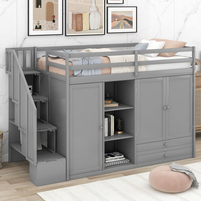 Giga loft bed with built-in 3 shelves, 2 wardrobes, 2 drawers, and ladder storage, showcasing a modern wooden design with storage space