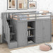 Giga loft bed with built-in 3 shelves, 2 wardrobes, 2 drawers, and ladder storage, showcasing a modern wooden design with storage space