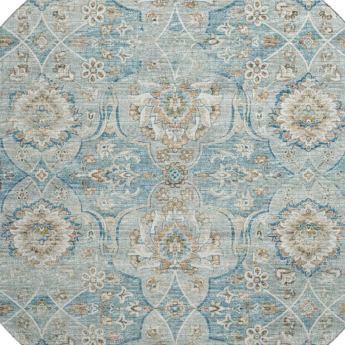 8' Floral Medallion Distressed Washable Round Rug With UV Protection (644583) - Persian Blue / Coffee / Ivory