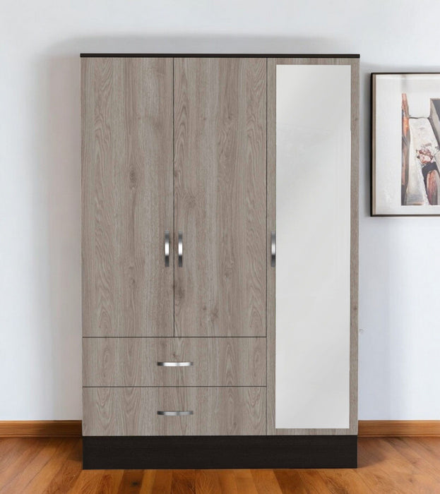 Three Door Wardrobe Closet With Mirror - Light Oak / Black