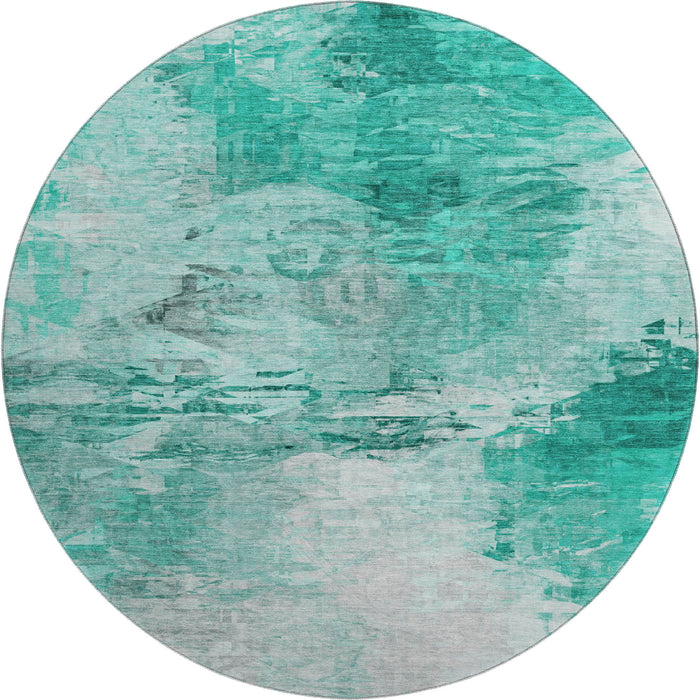 8' Abstract Washable Round Rug With UV Protection (650743) - Teal / Ivory
