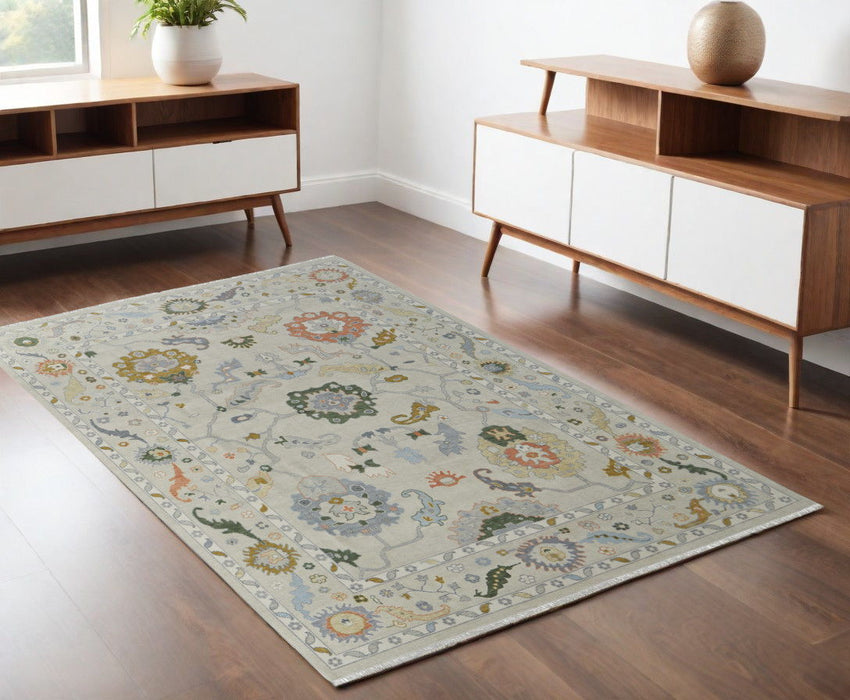 4' x 6' Wool Floral Hand Knotted Area Rug With Fringe - Gray Ivory And Gold