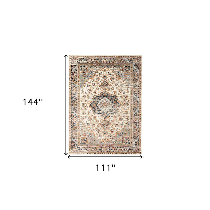 9' x 12' Medallion Power Loom Area Rug - Ivory Navy And Orange