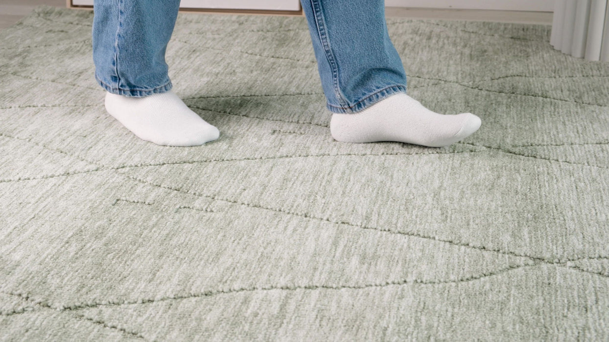 7' x 10' Geometric Power Loom Distressed Non Skid Area Rug - Green And Ivory