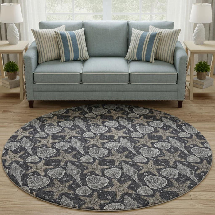 8' Geometric Washable Round Rug With UV Protection (645783) - Midnight / Taupe