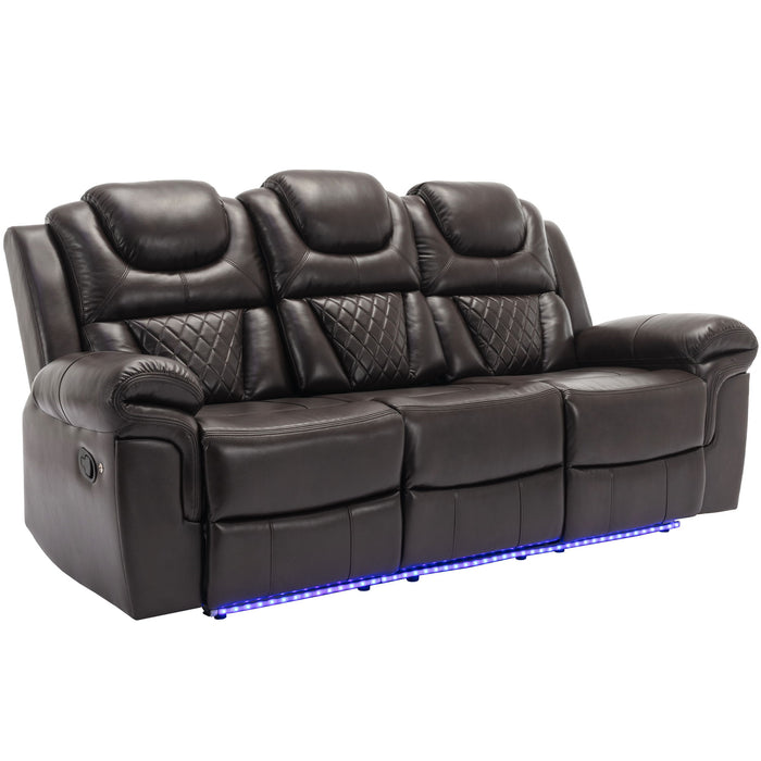 Giga home theater recliner sofa with center console and LED light strip, featuring manual reclining and plush cushioning for living room.