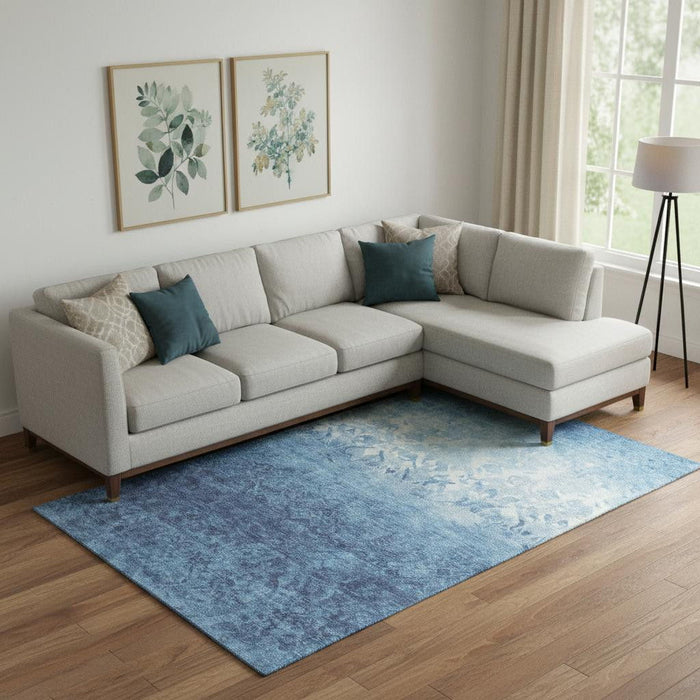 10' X 14' Damask Washable Area Rug With UV Protection (709432) - Denim Blue / Ivory