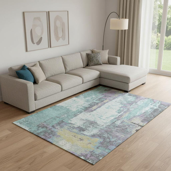 10' X 14' Abstract Washable Area Rug With UV Protection (710118) - Teal / Ivory / Purple