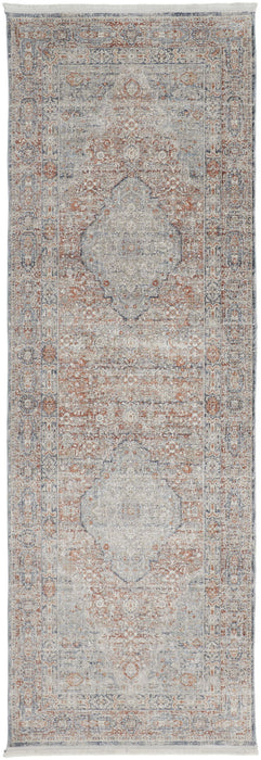 10' Oriental Power Loom Runner Rug With Fringe - Gray Ivory And Orange