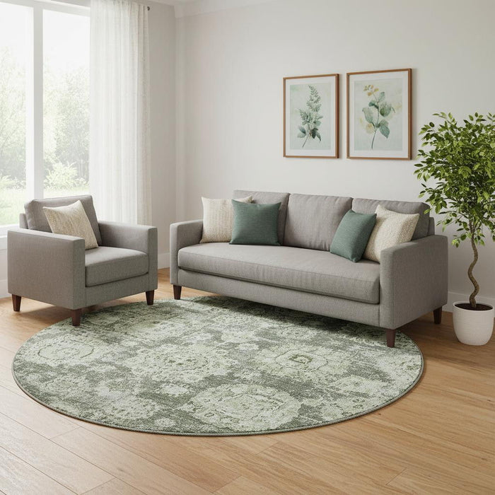 8' Floral Washable Round Rug With UV Protection (653173) - Artichoke Green / Ivory / Gray