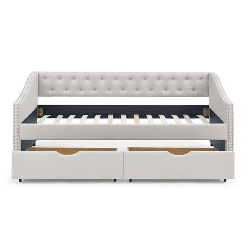 Giga upholstered tufted daybed with waved arms and two storage drawers, ideal for a cozy bedroom or guest room.