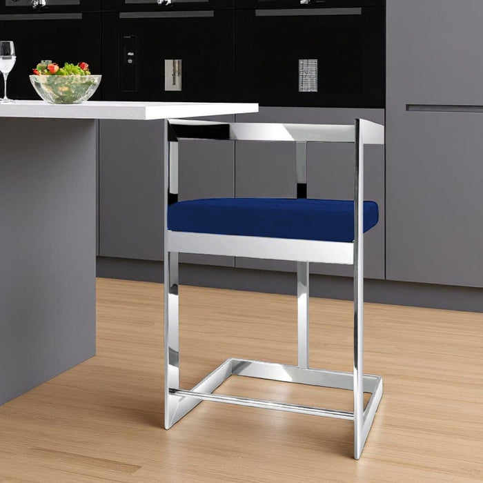 26" Metal And Velvet Low Back Counter Height Bar Chair - Blue / Silver