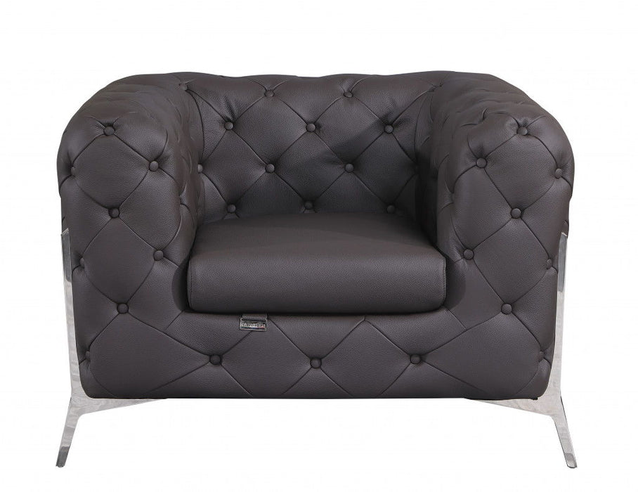 Glam Tufted Leather Armchair - Dark Gray And Chrome