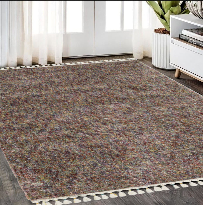 5' X 8' Abstract Shag Area Rug With Fringe - Orange