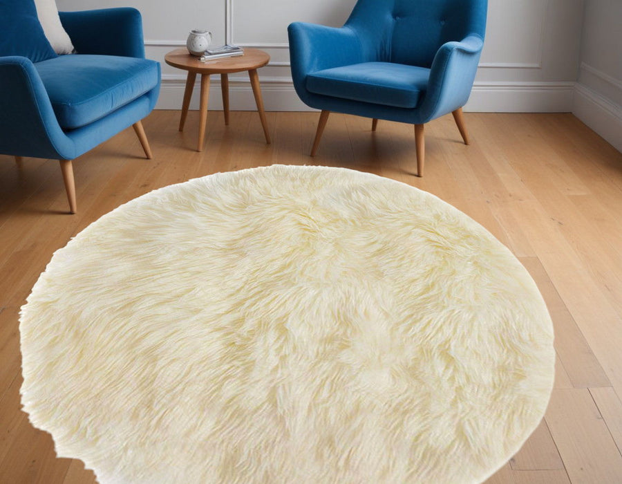 5' Round Shag Sheepskin Area Rug - Off White