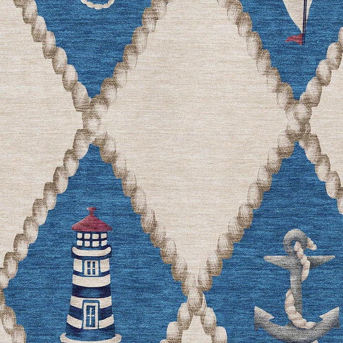 10' X 14' Nautical Washable Area Rug With UV Protection - Ivory And Red