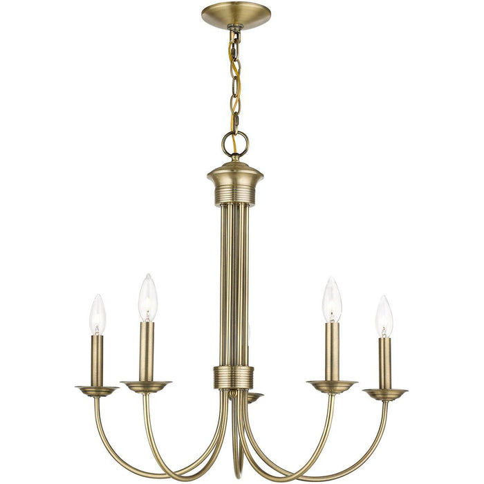 Five Light Metal Dimmable Chandelier With Shades - Antiqued Brass