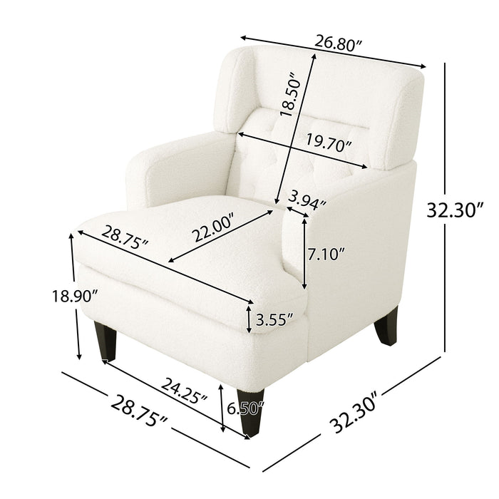 Giga upholstered accent armchair with tufted design, perfect for living room or bedroom decor, featuring plush fabric and stylish armrests.