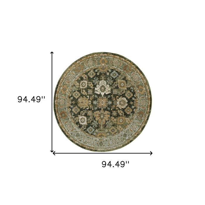 8' Oriental Round Rug - Green And Gold