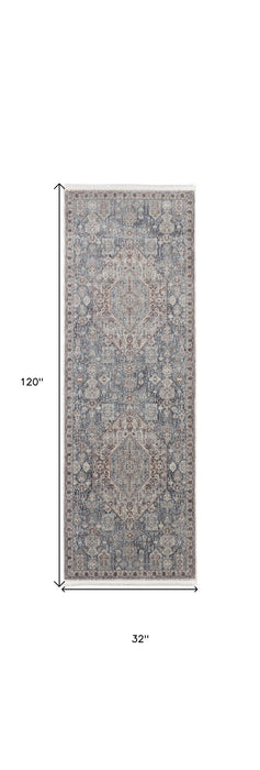 10' Floral Power Loom Stain Resistant Runner Rug - Blue And Ivory