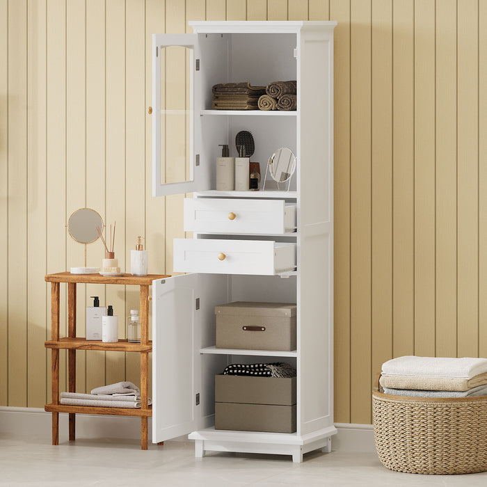 Giga tall bathroom linen cabinet with glass doors, two drawers, adjustable shelves, free-standing painted storage for display.