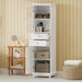 Giga tall bathroom linen cabinet with glass doors, two drawers, adjustable shelves, free-standing painted storage for display.