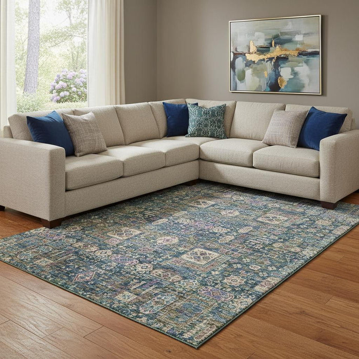 10' X 14' Floral Washable Area Rug With UV Protection (653386) - Green / Blue / Beige
