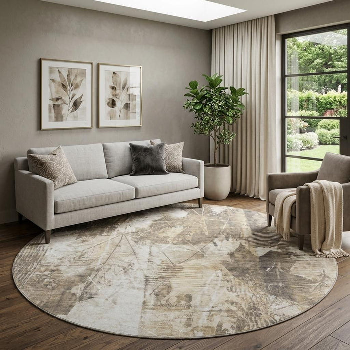 8' Floral Washable Round Rug With UV Protection (649063) - Beige / Ivory