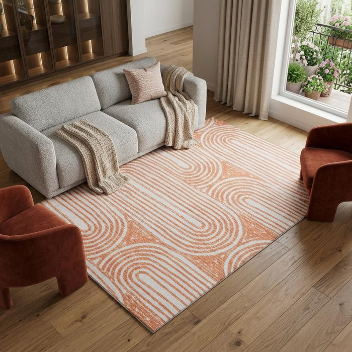 10' X 14' Geometric Washable Area Rug With UV Protection (648262) - Salmon / Ivory